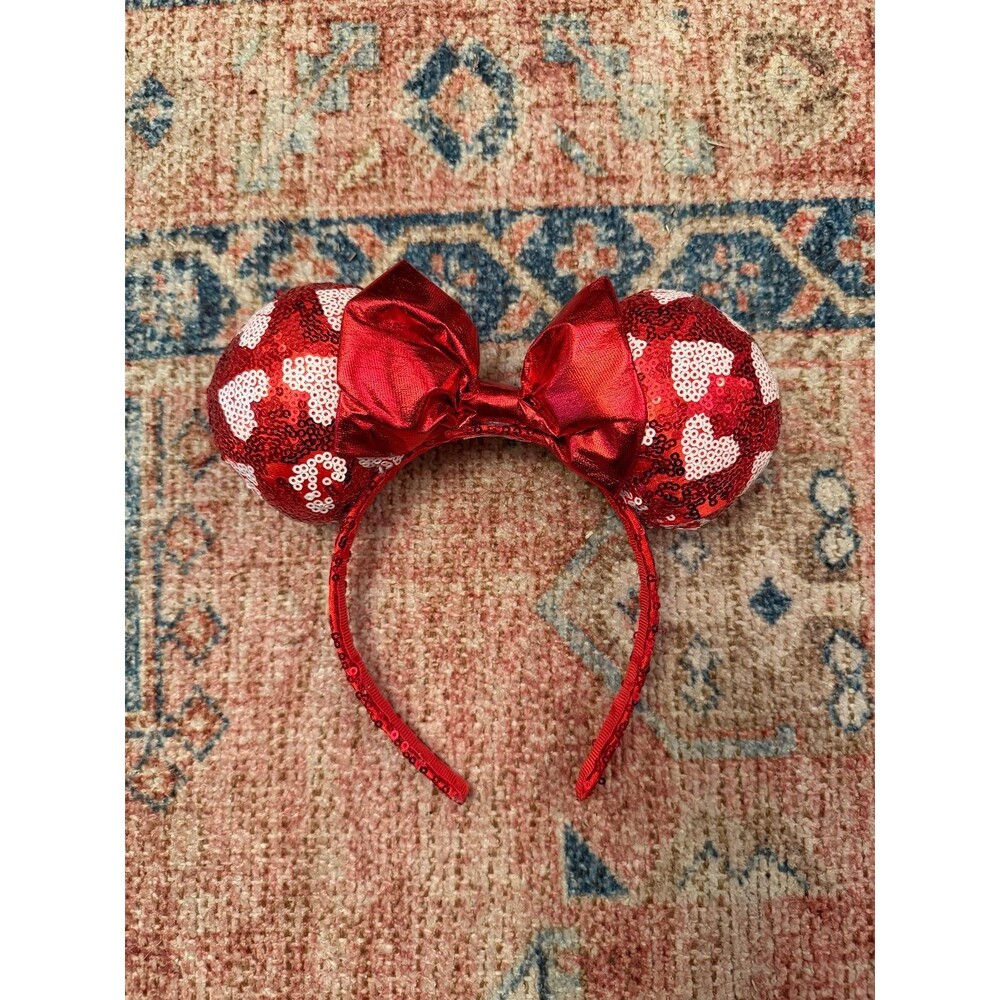 Disney Minnie Mouse Red Sequin Ears Headband White Hearts Red Bow